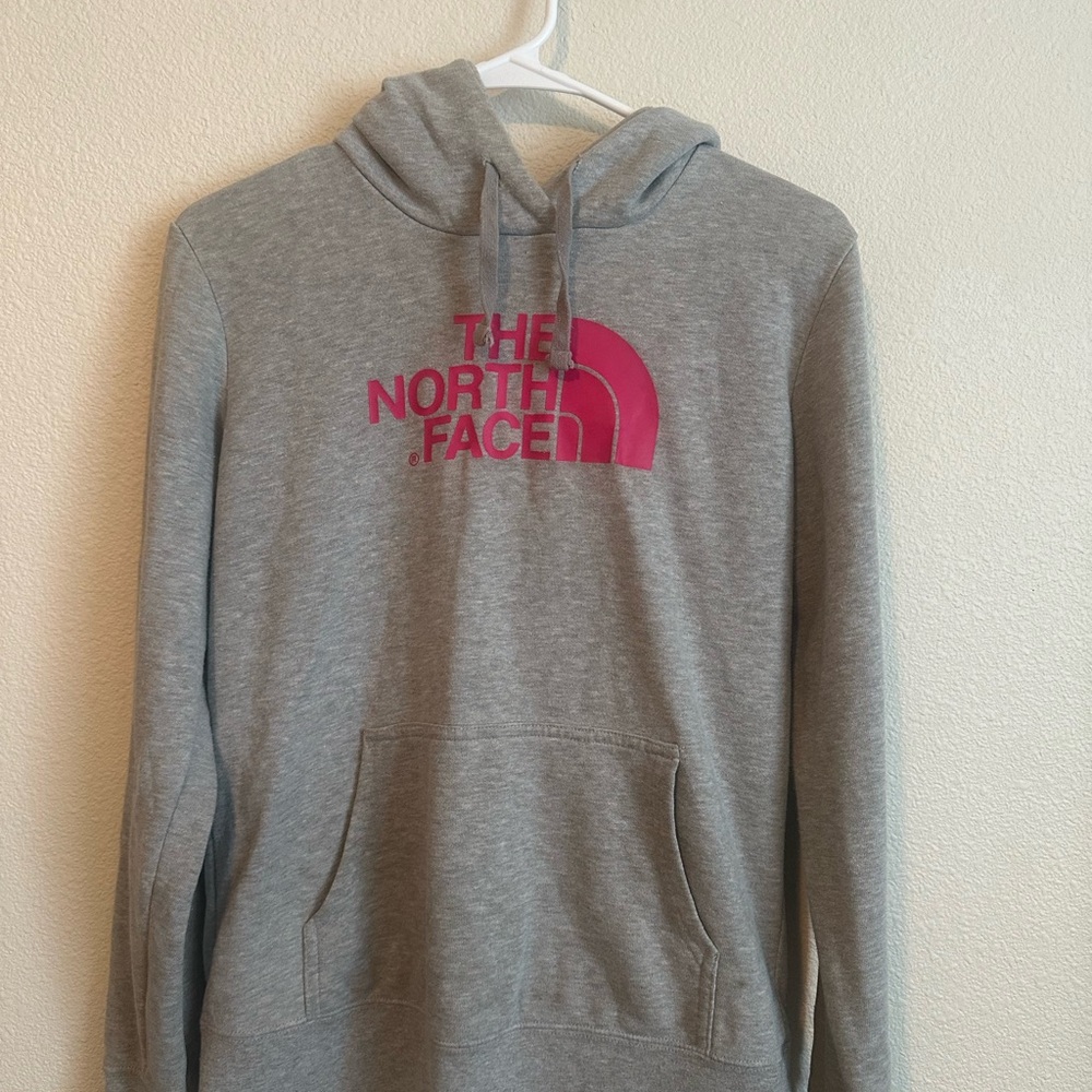 The North Face Gray Hoodie with Pink Logo